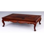 A 19TH CENTURY LARGE CHINESE ROSEWOOD TABLE STAND with inset panelled top joined by shaped sides and