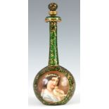 A 19TH CENTURY BOHEMIAN FLORAL GILT GREEN GLASS PERFUME BOTTLE decorated with two hand-painted