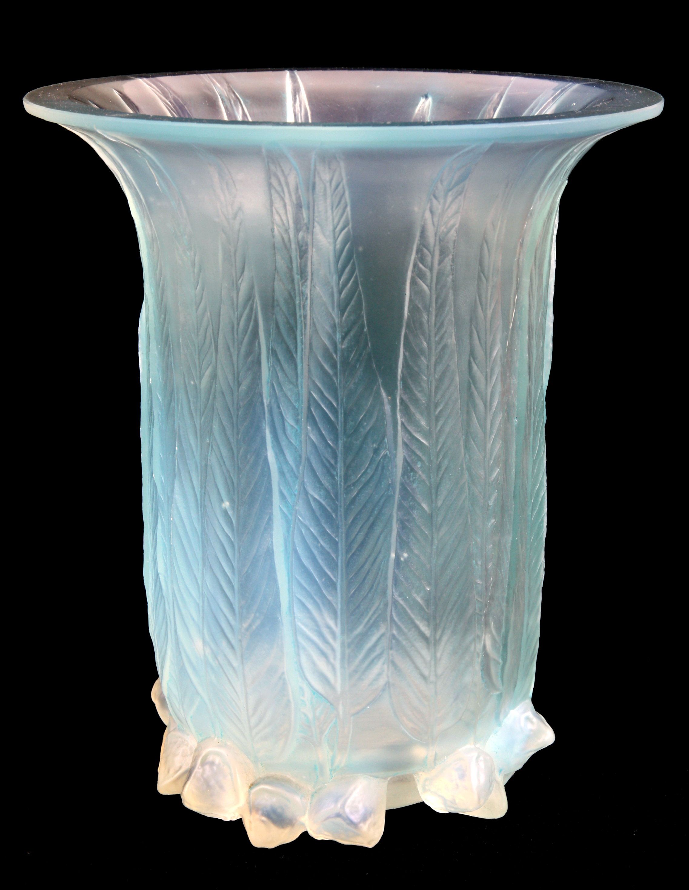 A LALIQUE EUCALYPTUS OPALESCENT BLUE STAINED GLASS VASE with leaf work decoration and moulded feet