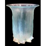 A LALIQUE EUCALYPTUS OPALESCENT BLUE STAINED GLASS VASE with leaf work decoration and moulded feet