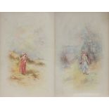 JOHN STINTON 1854-1956 A PAIR OF WATERCOLOURS GIRLS IN A COUNTRY SETTING 21.5cm high 14cm wide -