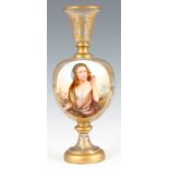 A 19TH CENTURY BOHEMIAN GILT AND CLEAR GLASS VASE with a circular hand painted portrait of a young