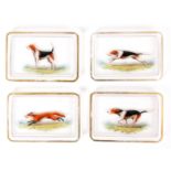 A SET OF EARLY 20th CENTURY GLASS HAND PAINTED PIN TRAYS decorated with fox and hounds with gold