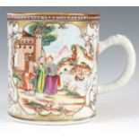 A LARGE 19TH CENTURY CHINESE QIANLONG PERIOD MUG decorated with figures in village setting 14.5cm