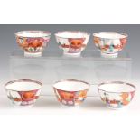 A SET OF SIX ORIENTAL STYLE ENGLISH PORCELAIN TEA CUPS AND SAUCERS with brightly painted orange