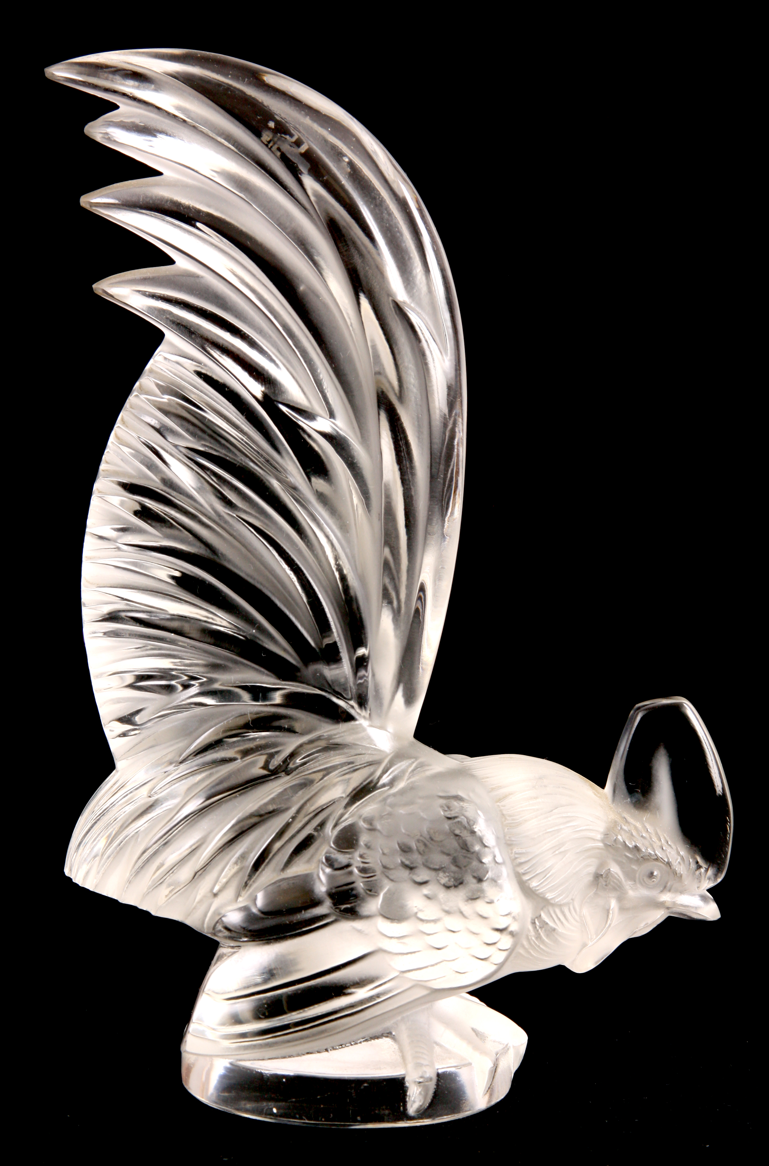 R, LALIQUE, A 'COQ NAIN' FROSTED GLASS CAR MASCOT depicting a crouching cockerel signed with moulded
