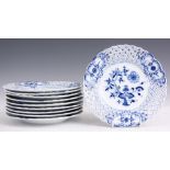 A SET OF TEN MEISSEN BLUE AND WHITE LATTICE EDGED DESSERT PLATES decorated in the blue onion pattern