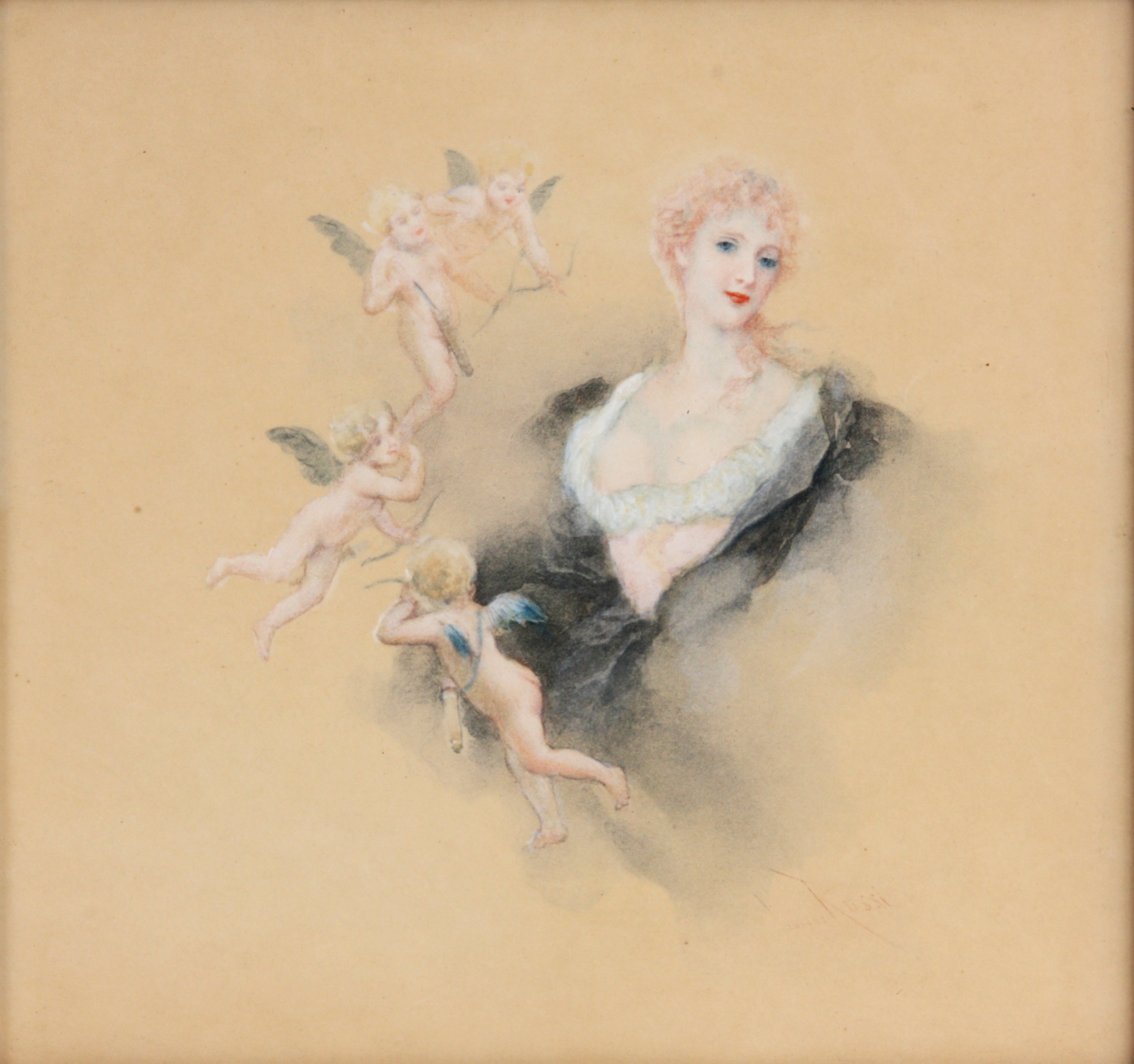 LUCIUS ROSSI 1846 - 1913 WATERCOLOUR of a young woman surrounded by flying cherubs 17cm high 18cm