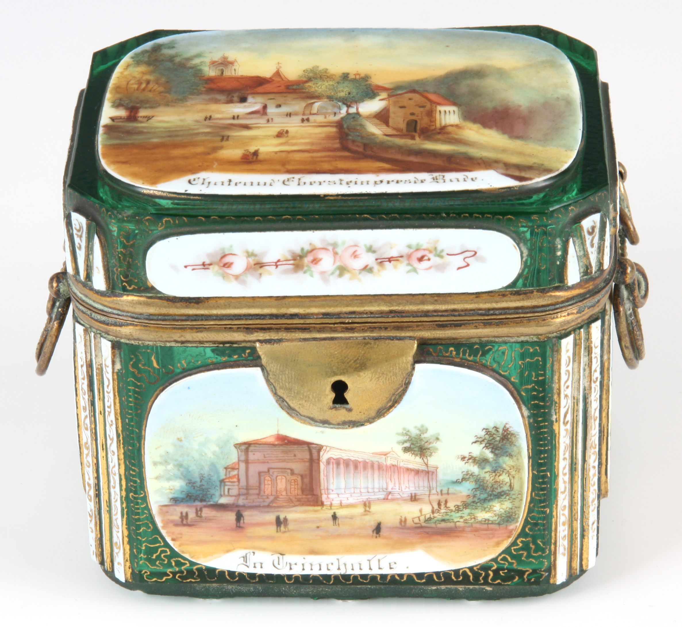 A 19TH CENTURY BOHEMIAN GREEN GLASS RECTANGULAR CASKET decorated with hand-painted scenes of country