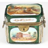 A 19TH CENTURY BOHEMIAN GREEN GLASS RECTANGULAR CASKET decorated with hand-painted scenes of country