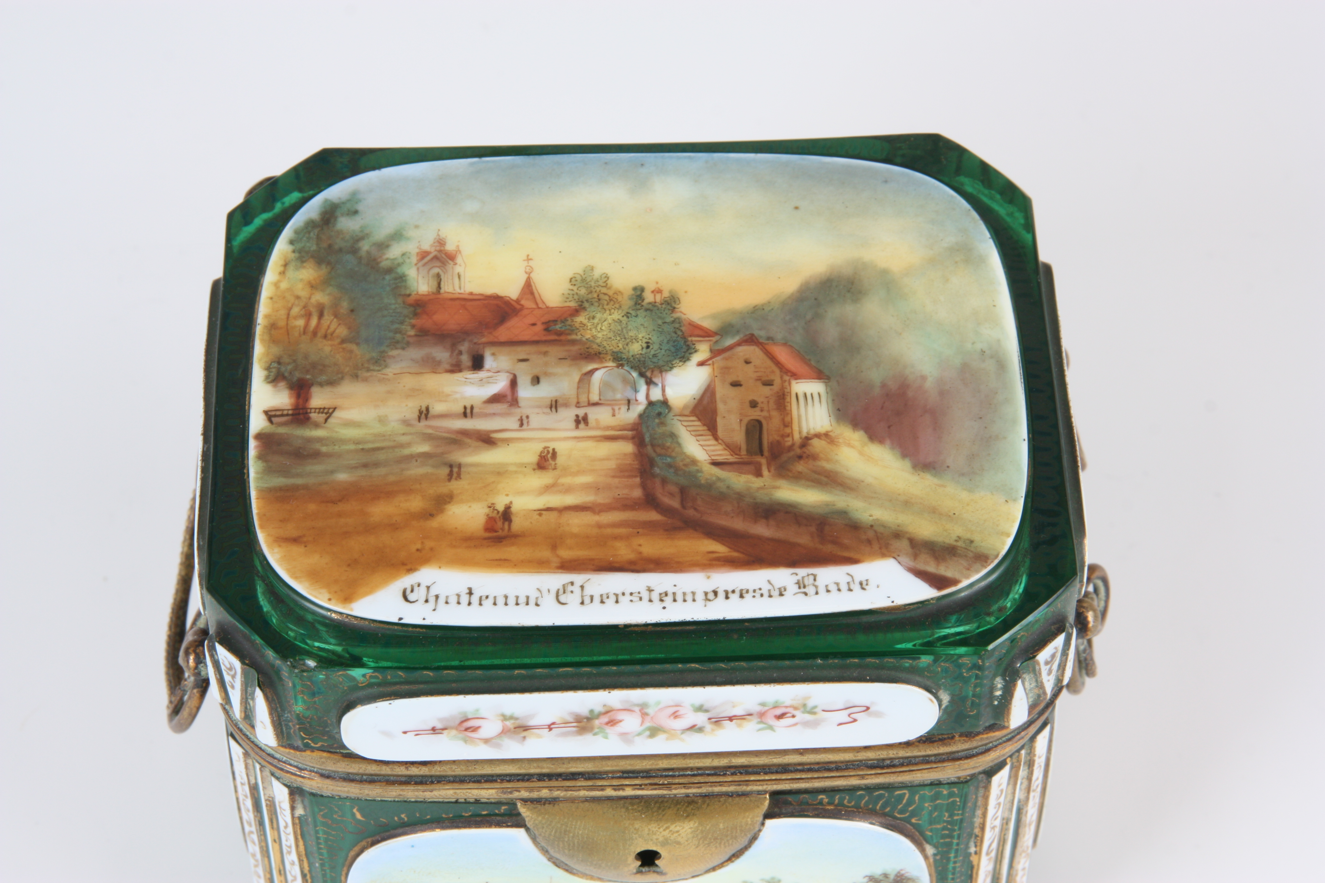 A 19TH CENTURY BOHEMIAN GREEN GLASS RECTANGULAR CASKET decorated with hand-painted scenes of country - Image 2 of 7