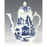 AN 18TH CENTURY FIRST PERIOD WORCESTER COFFEE POT AND COVER decorated with pagodas set in landscapes