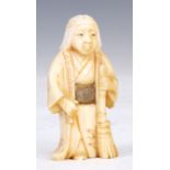 A JAPANESE IVORY SCULPTURE of an oriental man holding a broom, signature to his gown and underside.