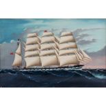A LARGE 19TH CENTURY WATERCOLOUR OF A CLIPPER IN FULL SAIL – in glazed gilt wood frame 60cm high