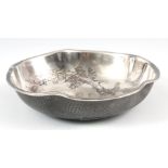 A MEIJI PERIOD JAPANESE WHITE METAL BOWL with engraved kingfisher perched on a branch and