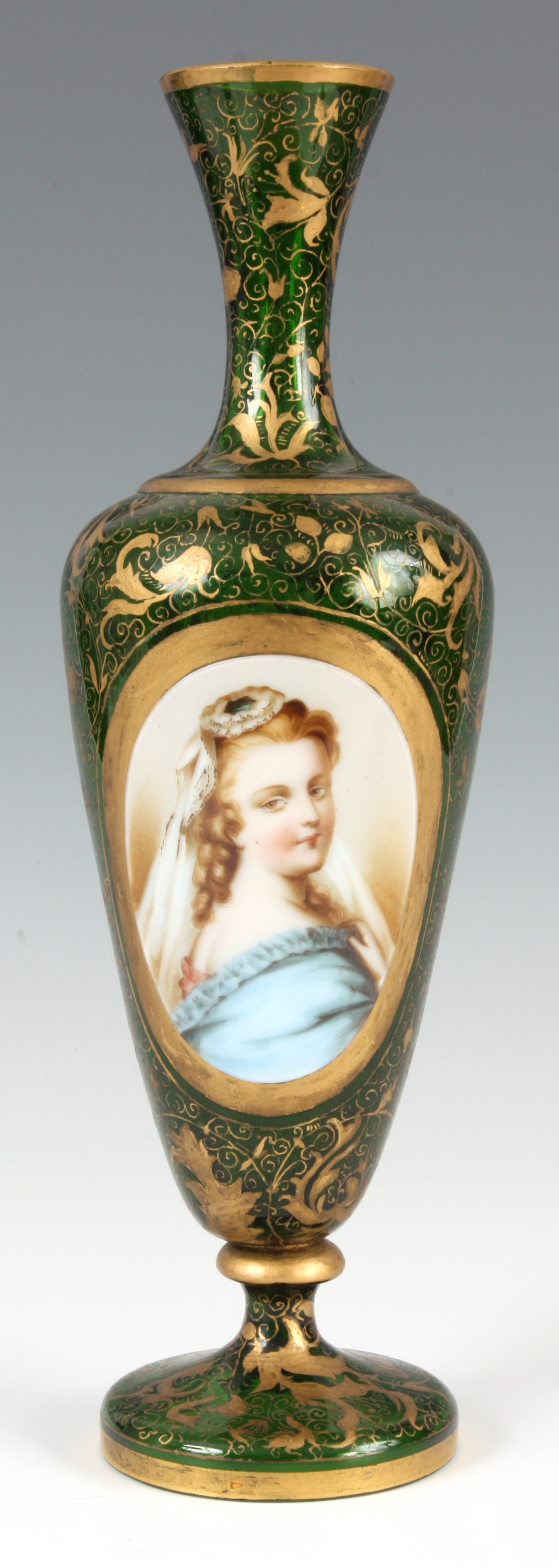 A 19TH CENTURY BOHEMIAN FLORAL GILT GREEN GLASS SLENDER VASE with a hand-painted portrait of a young