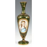 A 19TH CENTURY BOHEMIAN FLORAL GILT GREEN GLASS SLENDER VASE with a hand-painted portrait of a young