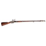 A 19th CENTURY SWISS MILITARY FLINTLOCK RIFLE having walnut stock stamped to the underside - AARGAC,