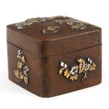 A MEIJI PERIOD JAPANESE PATINATED BRONZE LIDDED BOX with applied silver and gilt decoration