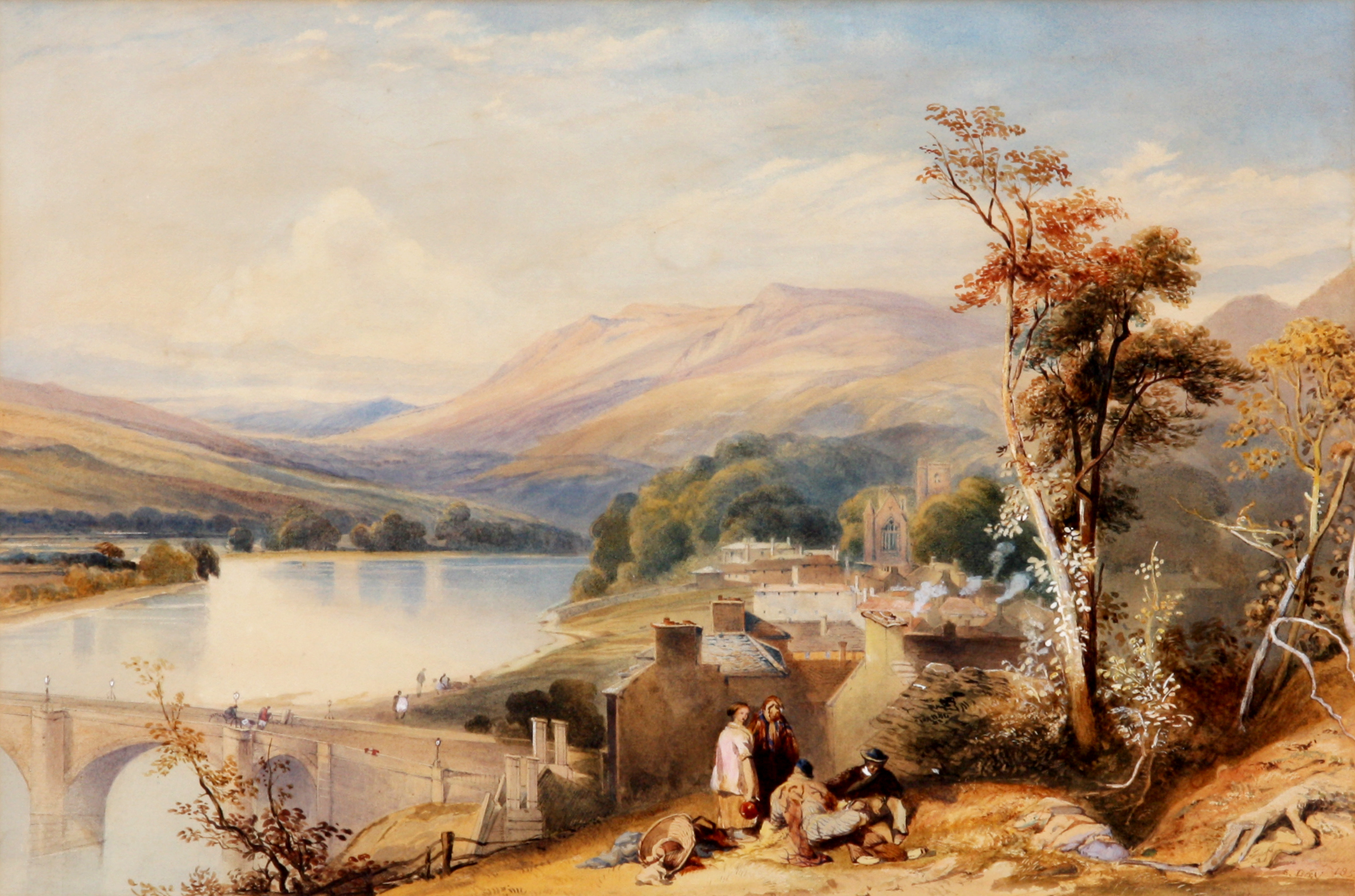 EDWIN DAY 1852 WATERCOLOUR View near Lancaster, 36.5cm high 52.5cm wide, labels to the reverse -