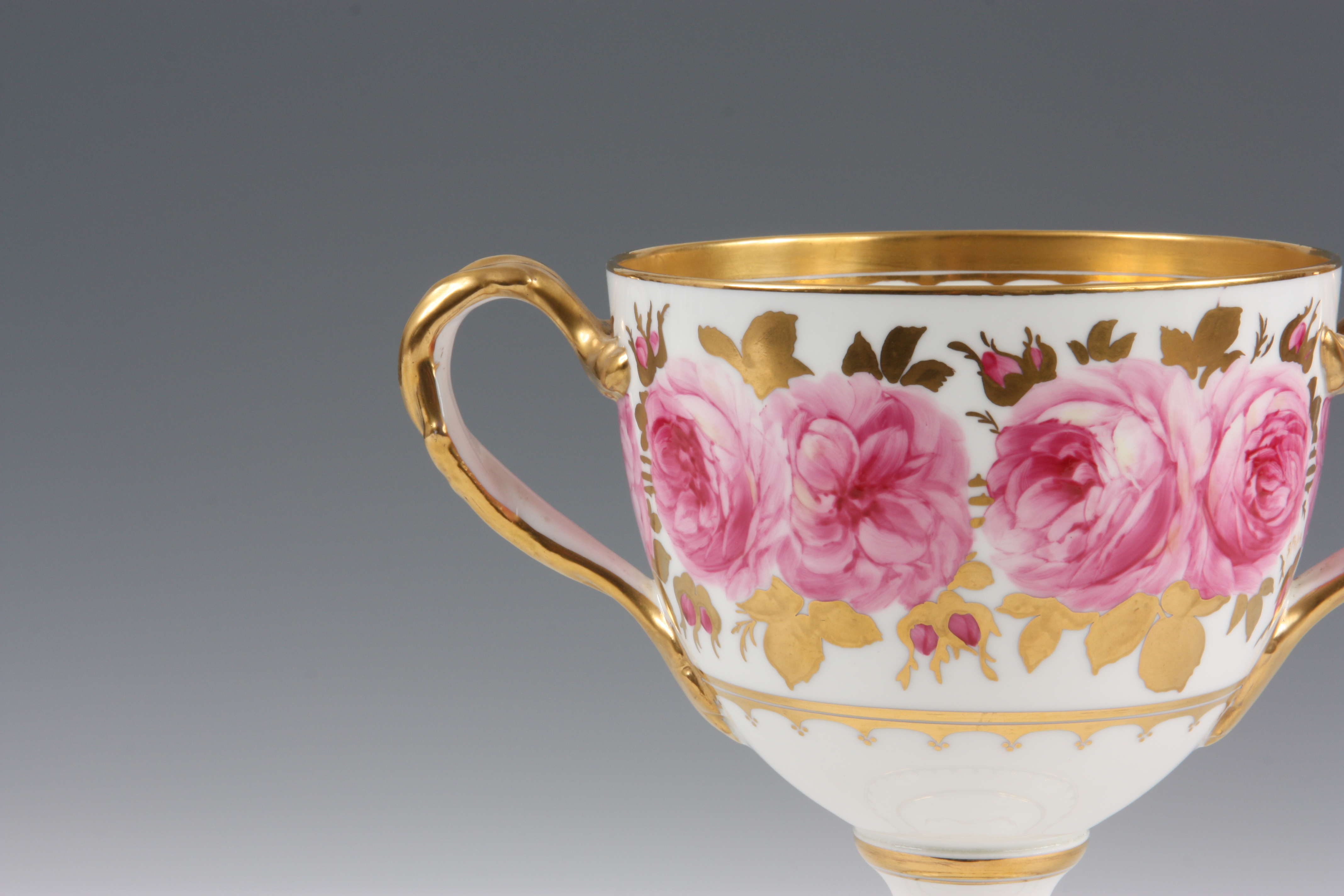 A LATE 19TH CENTURY CAULDON ROSE PATTERN PORCELAIN LOVING CUP decorated with gilt work and pink - Image 2 of 4