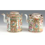 TWO 19TH CENTURY CANTON TEA KETTLES brightly painted with oriental panelled village scenes and