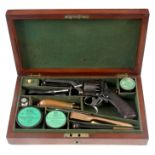 A MID 19th CENTURY CASED W. TRANTER FIVE-SHOT REVOLVER with original blued finish having octagonal