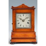 A SMALL MID 19th CENTURY ENGLISH FUSEE SATINWOOD MANTEL CLOCK the case having a shaped moulded top