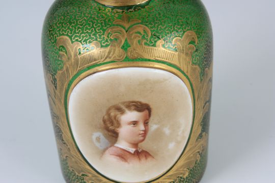 A 19TH CENTURY BOHEMIAN GILT GREEN GLASS CYLINDRICAL PERFUME BOTTLE with an oval portrait of a young - Image 3 of 6