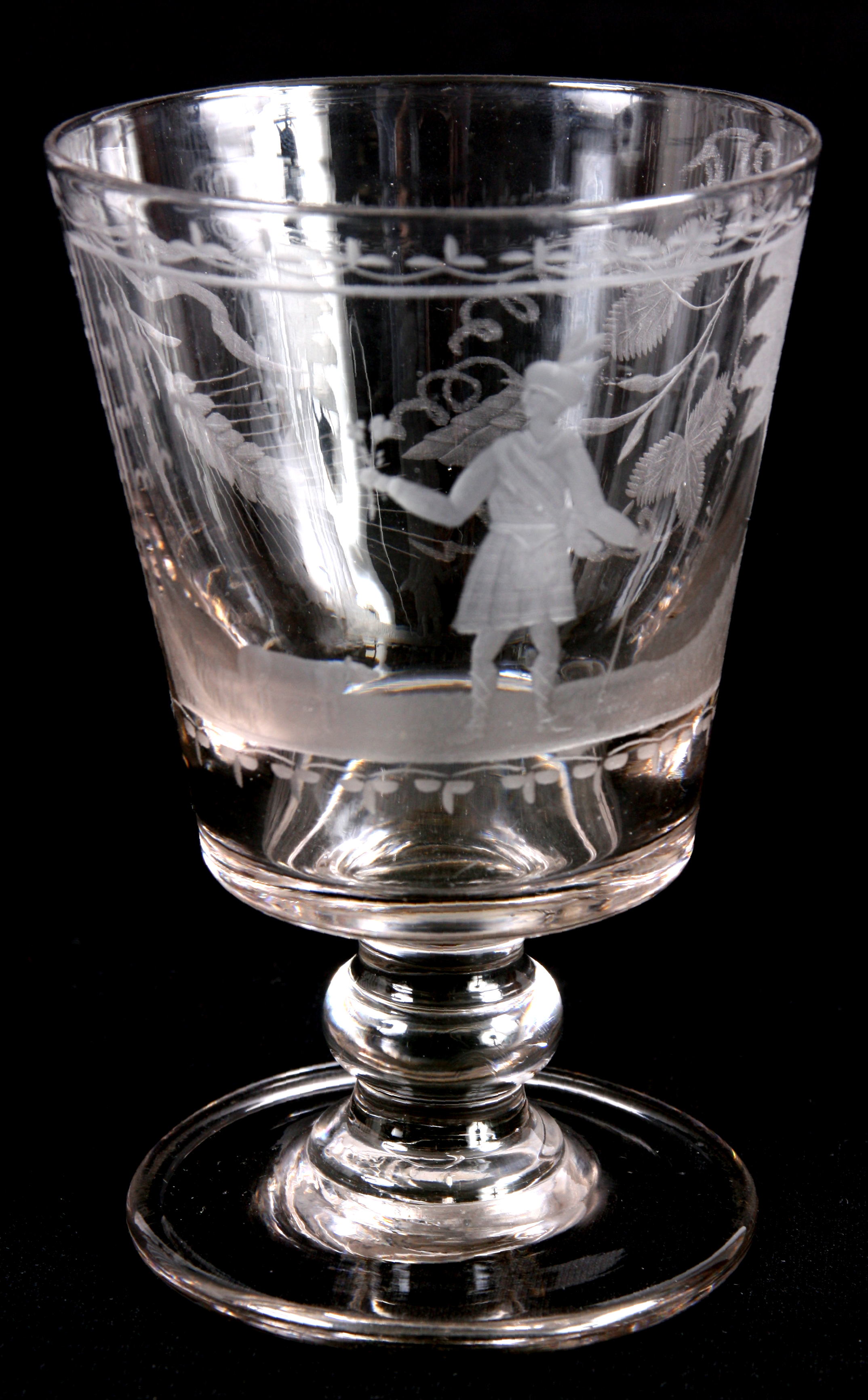A 19TH CENTURY ENGRAVED GLASS RUMMER depicting a Scottish Shepherd with this sheep, the reverse