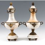 A PAIR OF BALUSTER TURNED ORMOLU MOUNTED SIENNA MARBLE CASSOLETTES with leaf work finials and