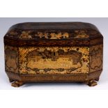 A MID 19TH CENTURY CHINESE EXPORT LACQUER TEA CADDY finely decorated with scenes of oriental life,