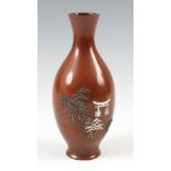 A MEIJI PERIOD JAPANESE COPPER PATINATED BRONZE VASE with mixed metal landscape and character mark