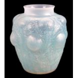 R. LALIQUE NO. 979 AN OPALESENT AND BLUE GLASS DOMREMY THISTLE VASE with continuous flower head