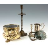 A SELECTION OF ITEMS to include a georgian paktong candlestick, a Regency brass jardiniere, a late