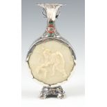 A MEIJI PERIOD SILVER AND ENAMEL MOON SHAPED SPILL VASE with floral enamel decoration and a circular