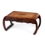 A 19TH CENTURY CHINESE ROSEWOOD COFFEE TABLE / ALTAR TABLE with panelled top above a geometric