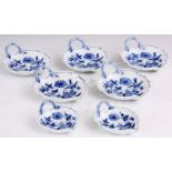 A SET OF FIVE MEISSEN BLUE AND WHITE LEAF SHAPED SIDE DISHES AND TWO SMALLER decorated in the blue