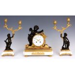 A LATE 19TH CENTURY FRENCH FINELY CAST BRONZE, ORMOLU AND WHITE MARBLE CLOCK GARNITURE with posing