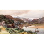 E. NICHOLSON 1870 WATERCOLOUR Landscape scene with estuary and boats 24.5cm high 45cm wide -