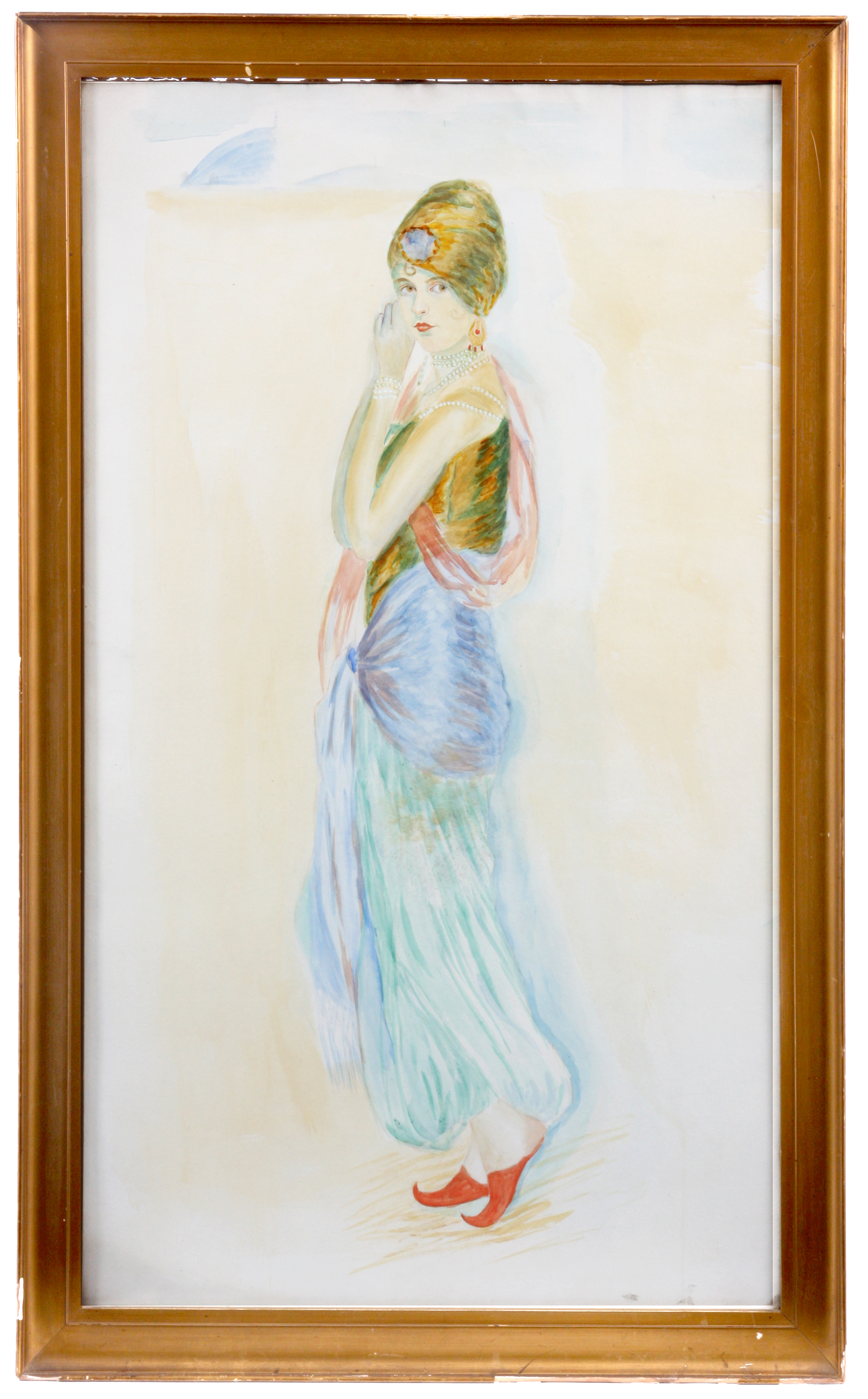 A LARGE ART DECO WATERCOLOUR of a young woman in Turkish style dress, 95cm high 55cm wide in