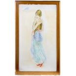 A LARGE ART DECO WATERCOLOUR of a young woman in Turkish style dress, 95cm high 55cm wide in