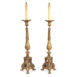 A FINE PAIR OF BRASS AND ORMOLU ADAM STYLE TORCHERE STANDARD LAMPS with bulbous cast leaf and