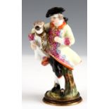 AN UNUSUAL MEISSEN SCENT BOTTLE depicting a young boy carrying his pug dog 8.5cm.