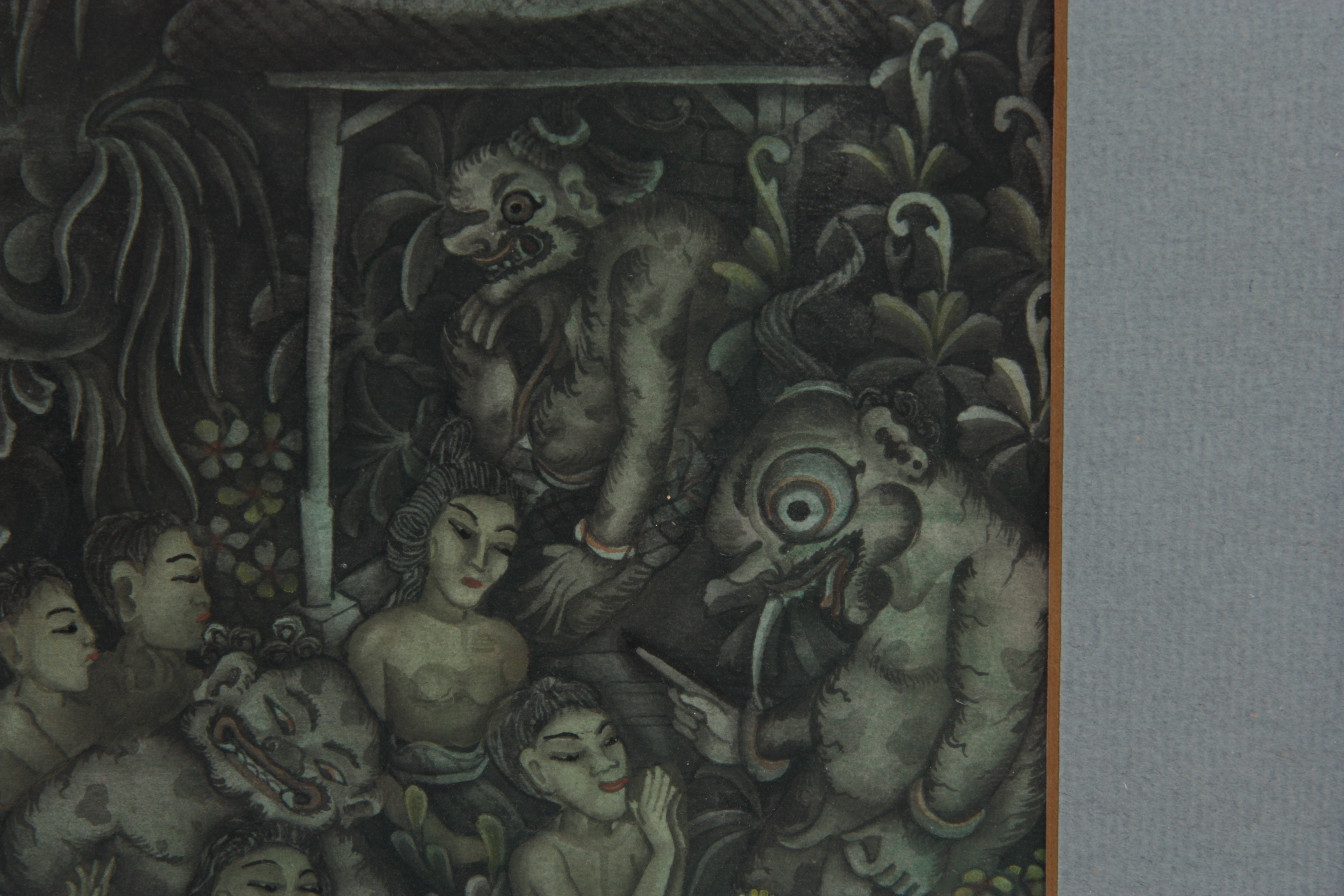 IDA BAGUS KETUT PANDA, BATUAN, BALI WATERCOLOUR SCENE OF MYTHICAL GODS WITH YOUNG WOMEN 42cm high - Image 7 of 8