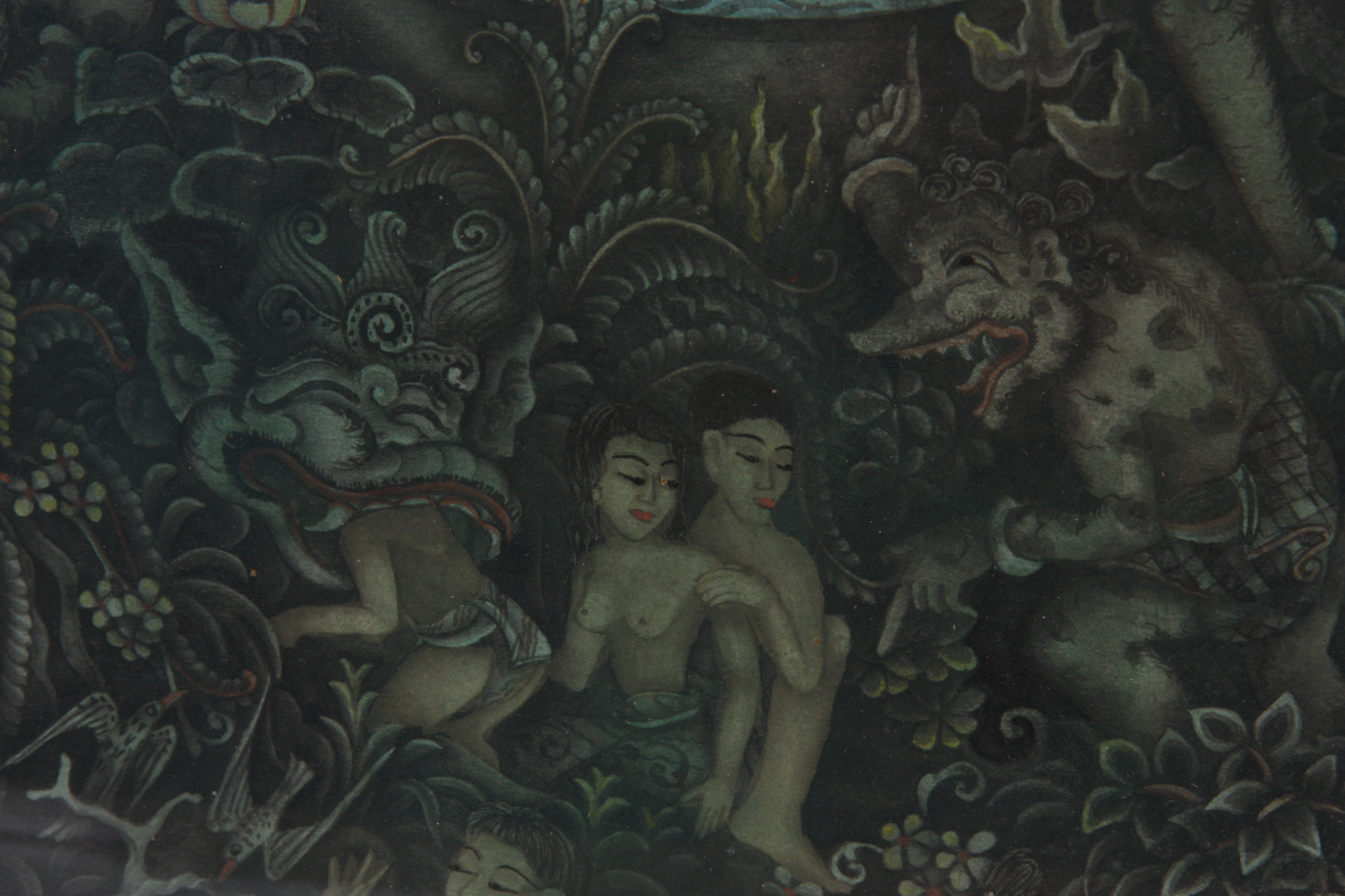 IDA BAGUS KETUT PANDA, BATUAN, BALI WATERCOLOUR SCENE OF MYTHICAL GODS WITH YOUNG WOMEN 42cm high - Image 5 of 8