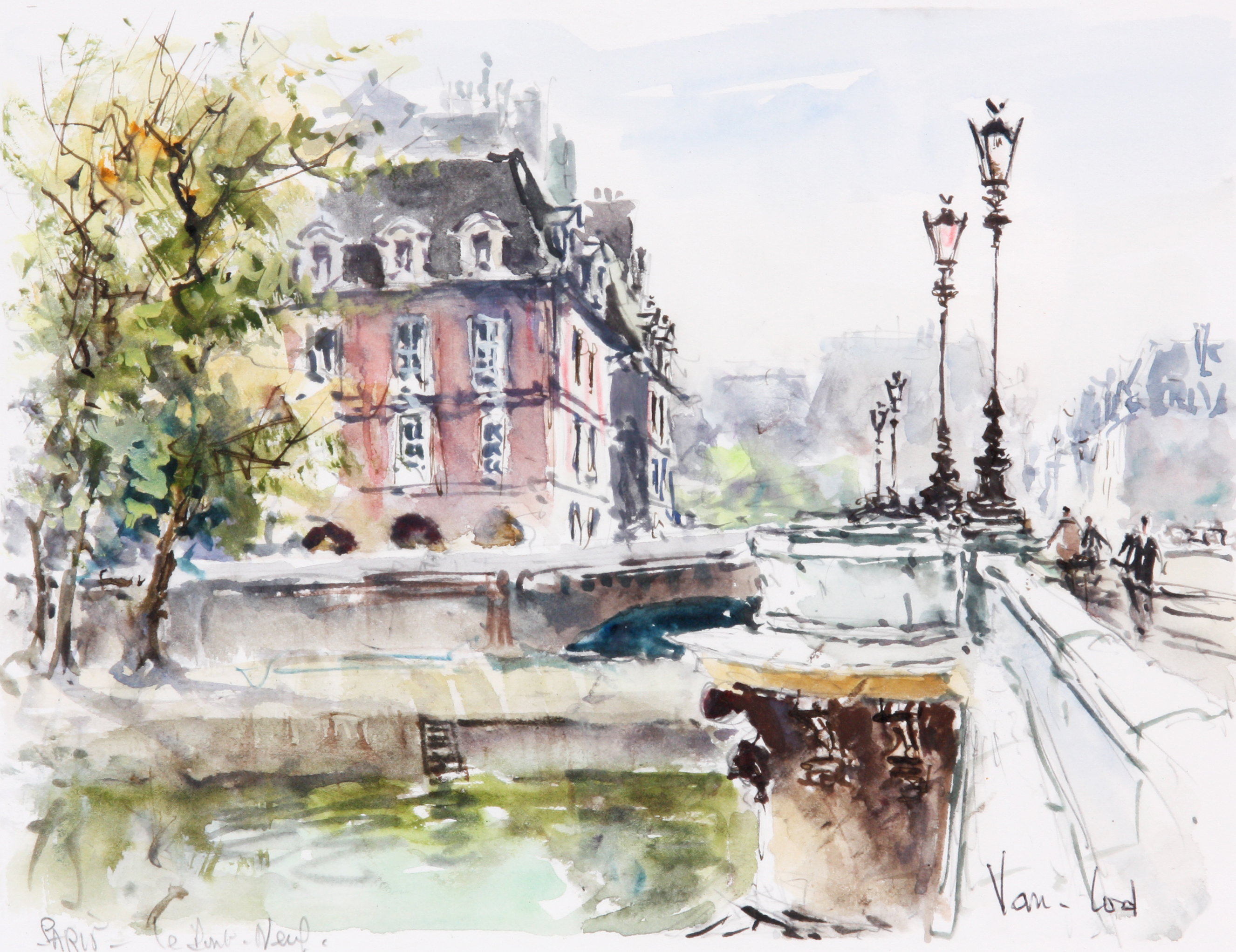 VAN LOD WATERCOLOUR Paris - Le Pont Neuf 29cm high 35cm wide - signed and titled in glazed gilt