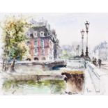 VAN LOD WATERCOLOUR Paris - Le Pont Neuf 29cm high 35cm wide - signed and titled in glazed gilt