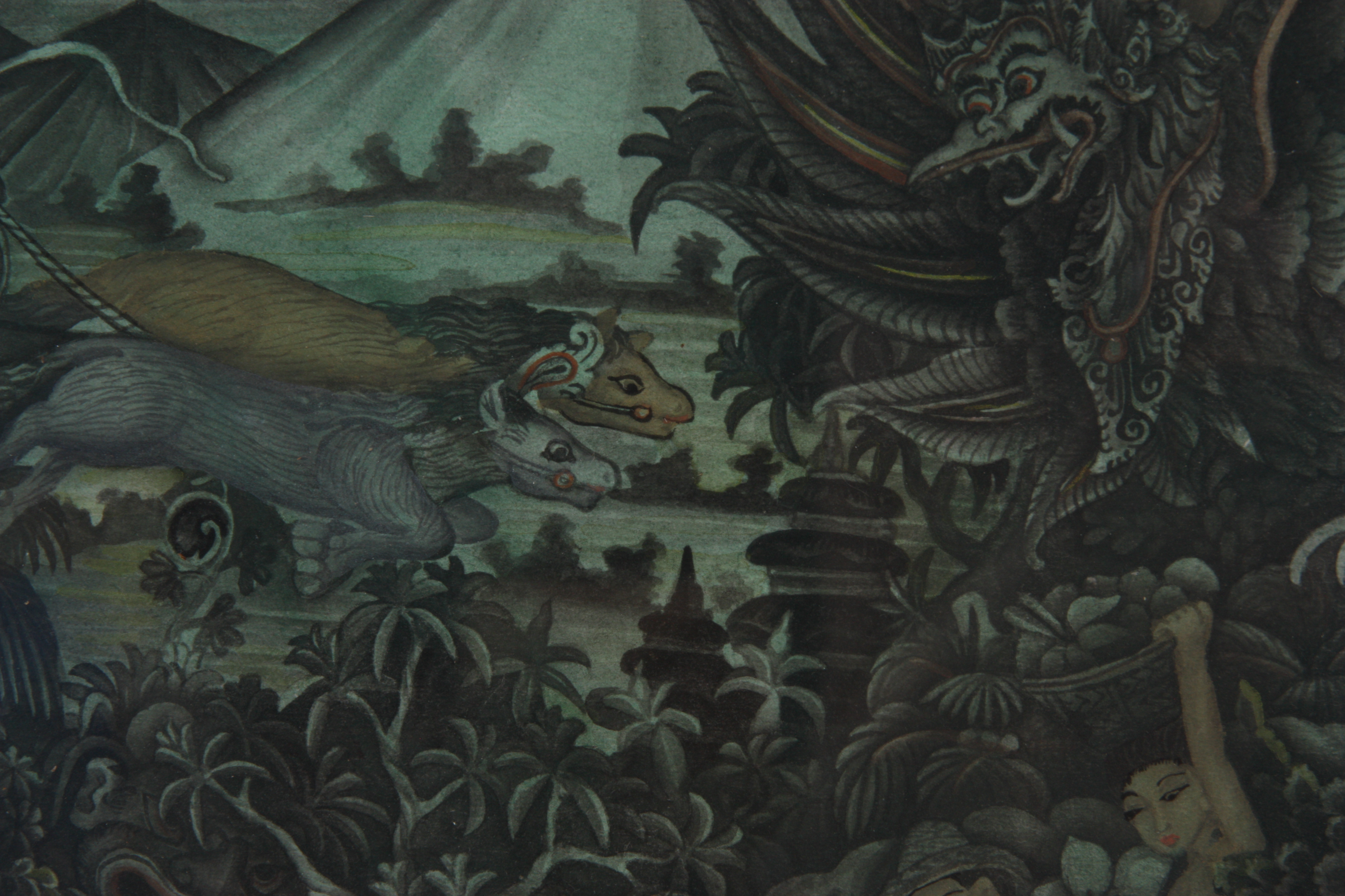 IDA BAGUS KETUT PANDA, BATUAN, BALI WATERCOLOUR SCENE OF MYTHICAL GODS WITH YOUNG WOMEN 42cm high - Image 6 of 8