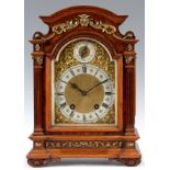 A LATE 19th CENTURY BURR WALNUT LENZKIRCH QUARTER CHIMING BRACKET CLOCK the arched top case above